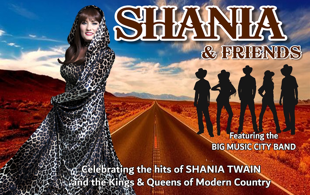A Shania Twain act standing in front of an American midwest background with a band in silhouette behind her