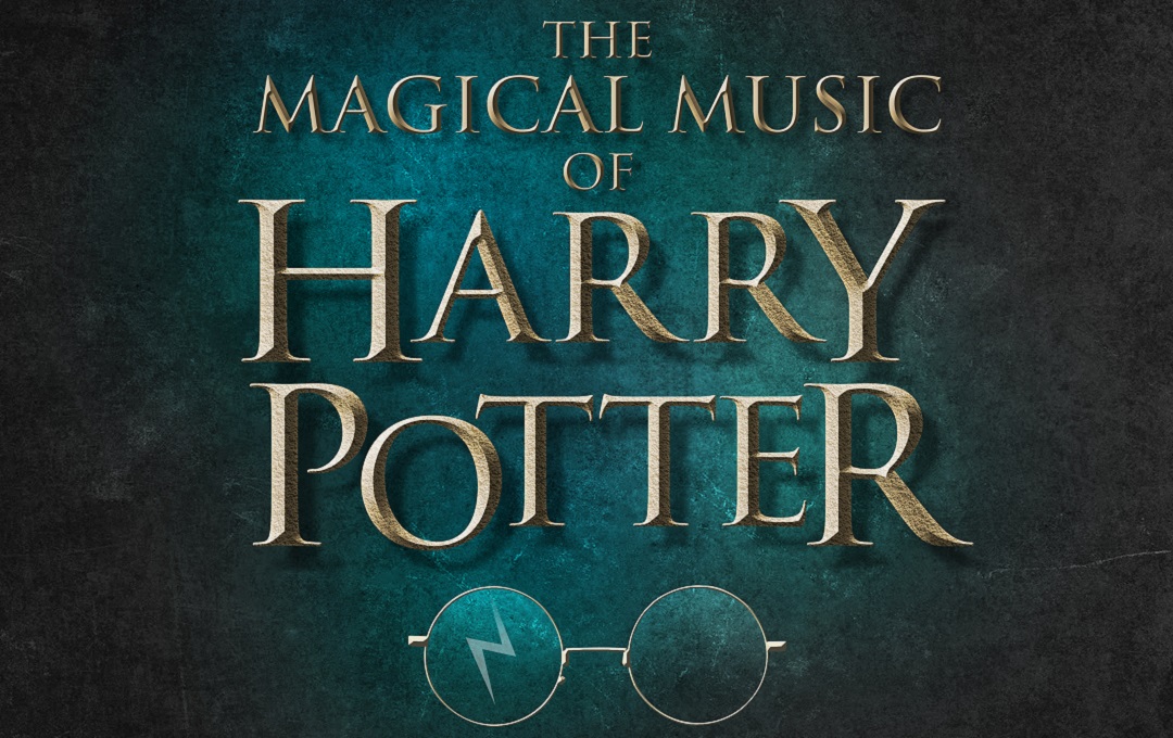 Harry Potter title and a pair of round glasses on an emerald green background