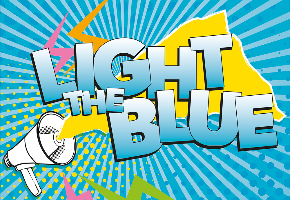 Light The Blue logo in a speech bubble coming from a megaphone on a dotted blue background