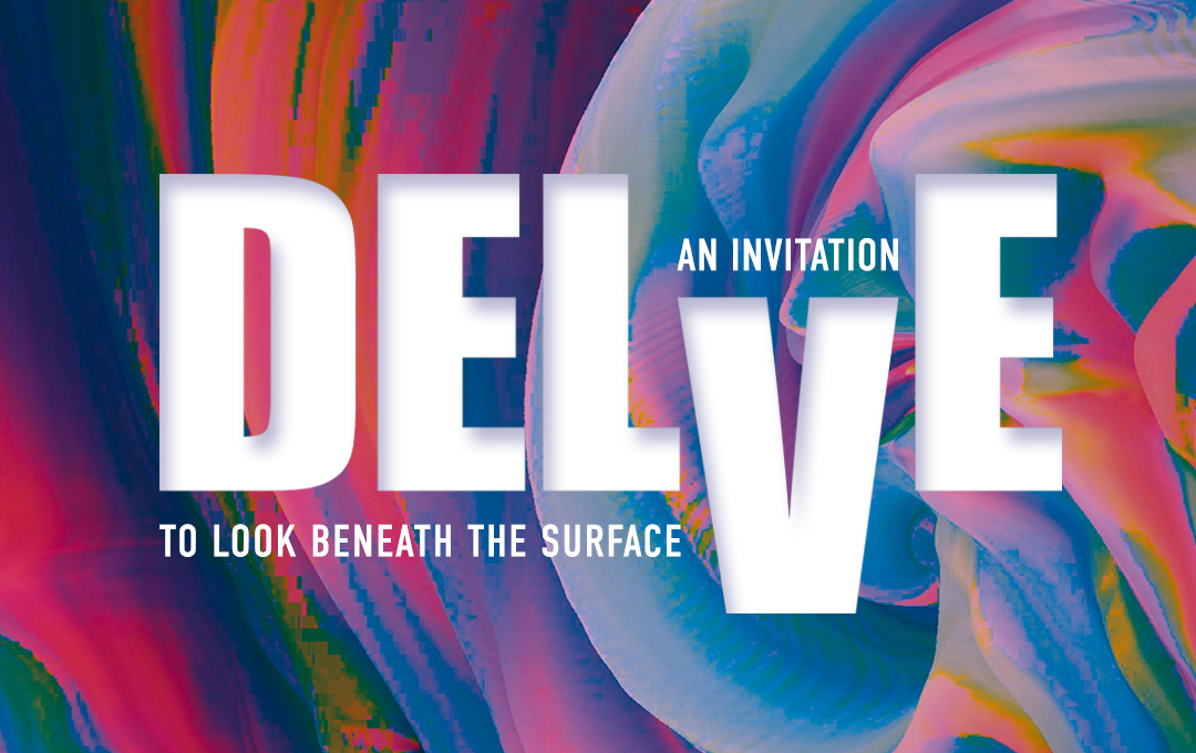Delve logo on a swirling multi-colour background