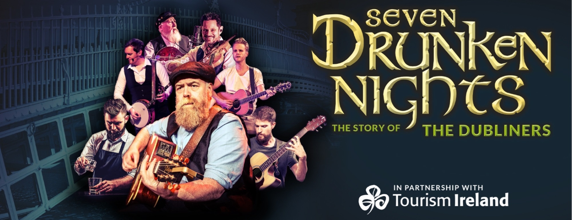 A composite banner of the Seven Drunken Nights band against an emerald background