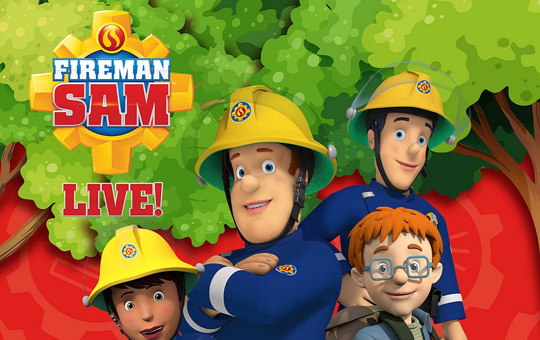 A cartoon image of Fireman Sam and other characters in front of trees with the Fireman Sam logo