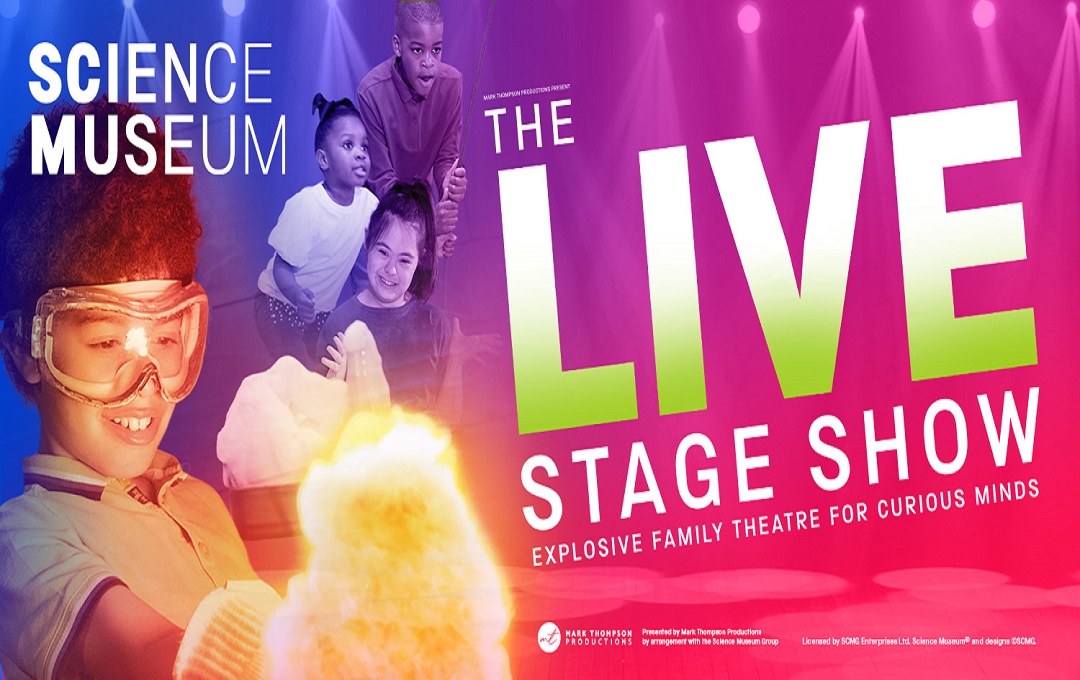 Science Museum Live stage show logo on a pink and purple background with a picture of a child in safety glasses watching a flame