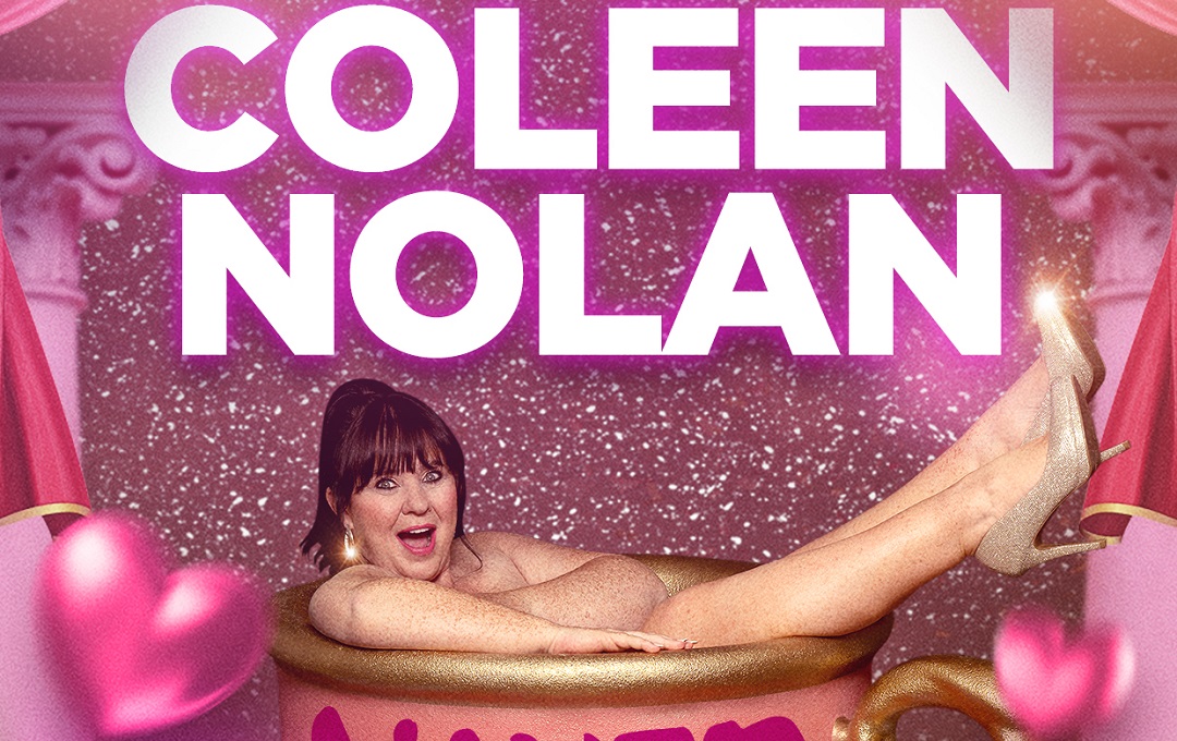 Coleen Nolan sitting in a giant teacup with no clothes against a pink sparkly background