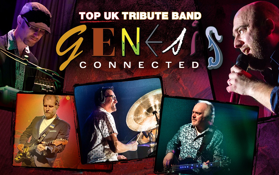 Genesis logo with a composite image of the band members playing their instruments