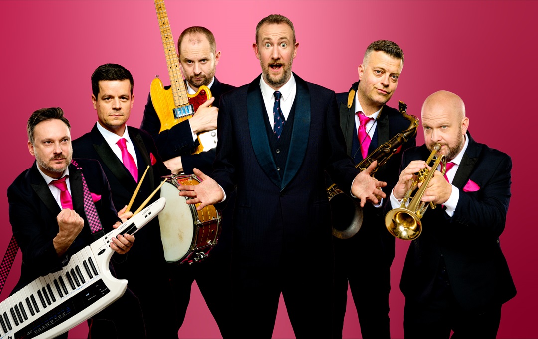Six members of the Horne Section with their instruments against a red background