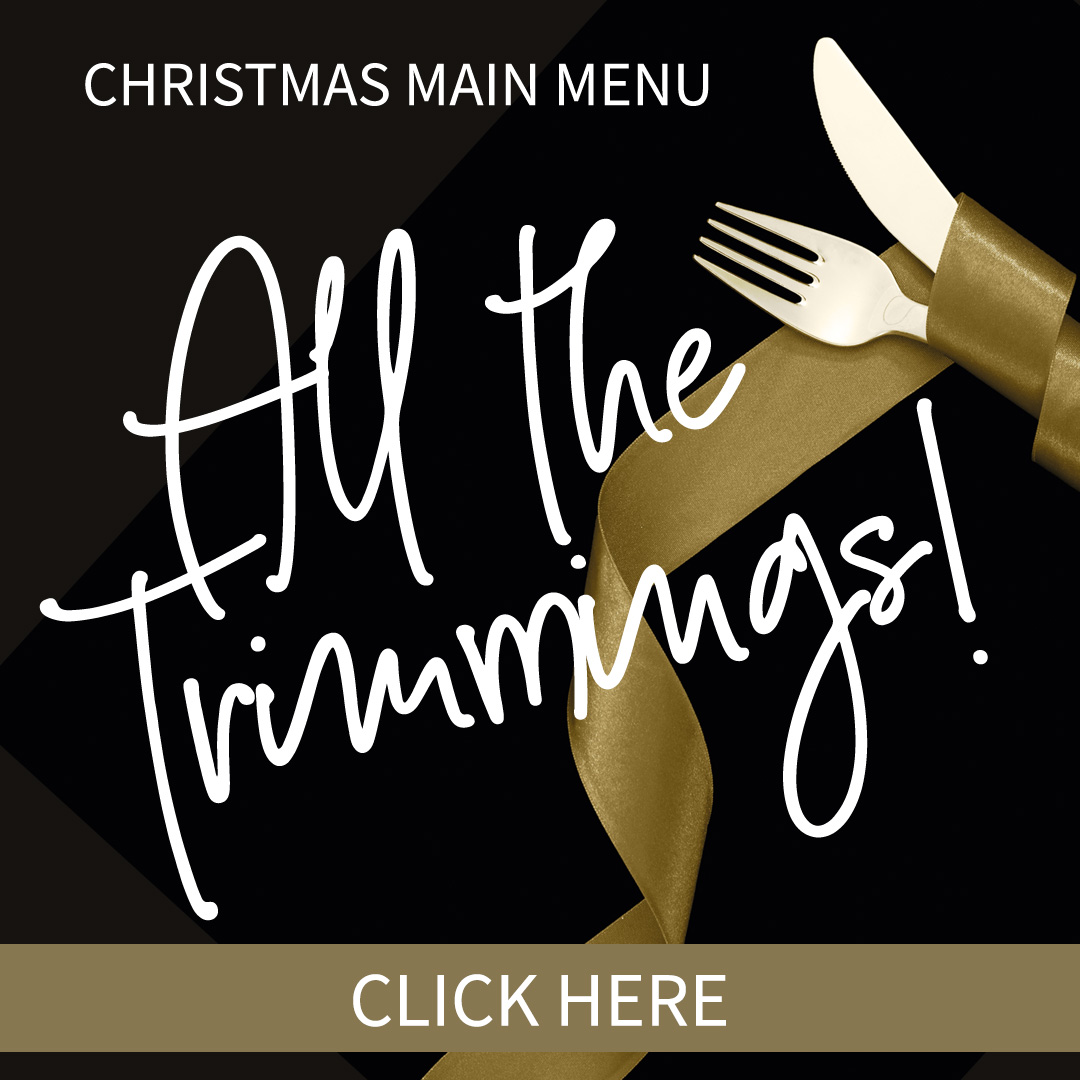 A knife and fork wrapped in gold ribbon with the caption Christmas Main Menu