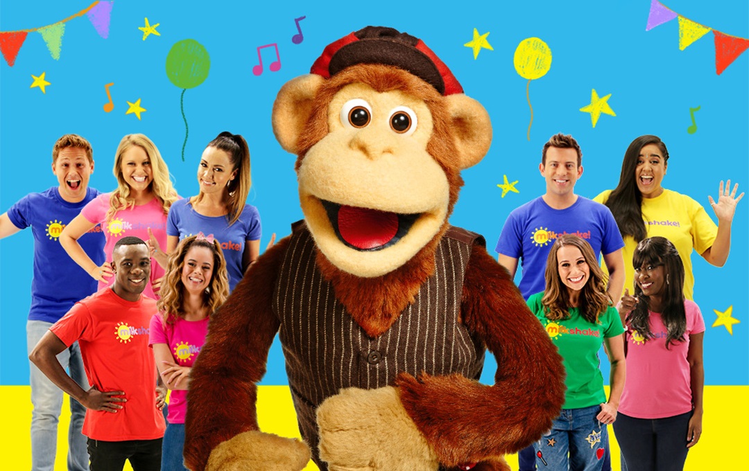 Milkshake Live and Milkshake Monkey cast in from of a blue background