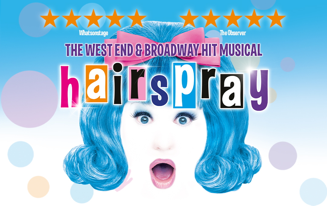 Character with blue hair and the Hairspray logo
