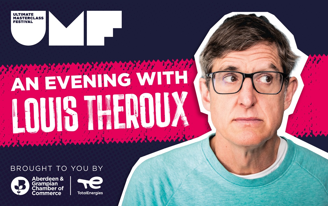 Louis Theroux headshot against the UMF branding