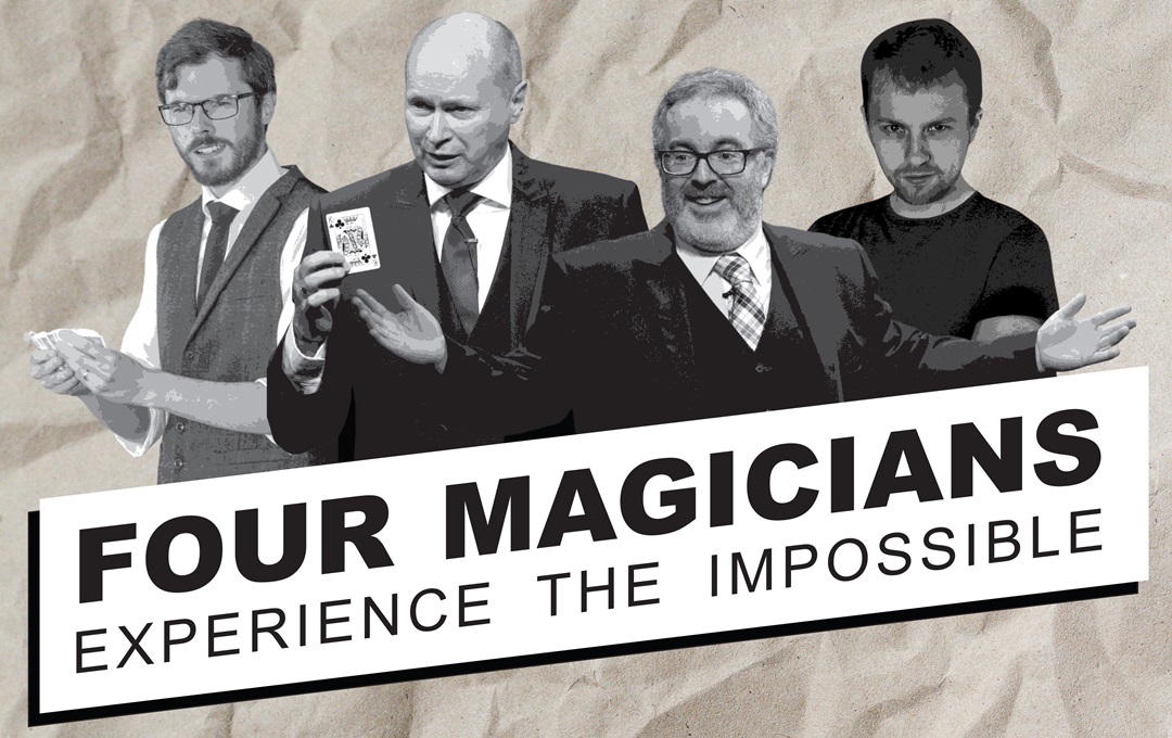 Composite photo of the performers with the banner Four Magicians - Experience the Impossible