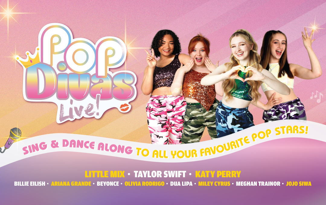 Four pop stars against a swirly pink background