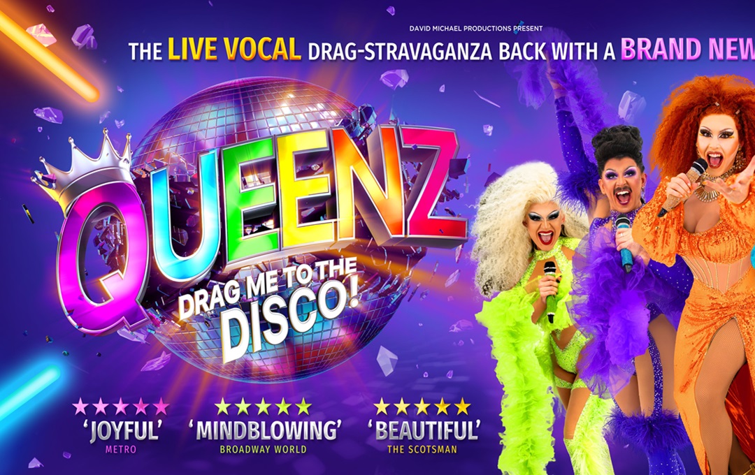 The Queenz logo against a purple background with three drag queens performing next to it.