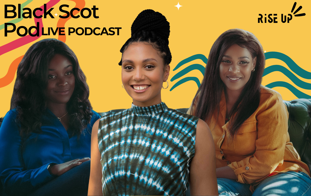A composite image of the Black Scot Pod hosts and guest Vanessa Kanbi against a yellow background.